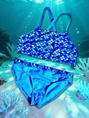 Wonder Nation Girls Sparkly Blue Mermaid‑Scale 2‑Piece Swimsuit Large (10–12)